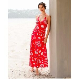 Paper Heart Maxi Dress XL Red Linen Mexico Tomato Girl Summer Resort Coastal